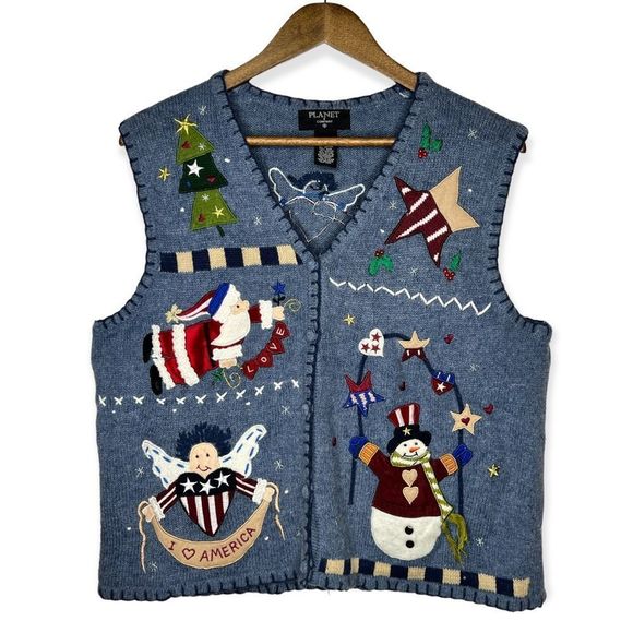 Planet & Company Sweaters - Vintage Americana Cute Ugly Christmas Sweater Vest Santa Stars Angel Flag Large